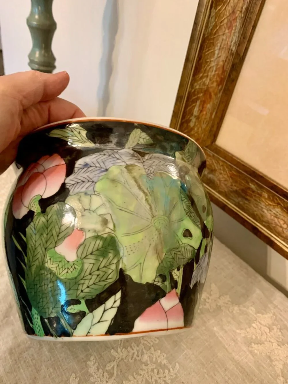 Vintage Chinese Porcelain Famille Noir Hand Painted Chinoiserie Garden Planter - Picture 6 of 8